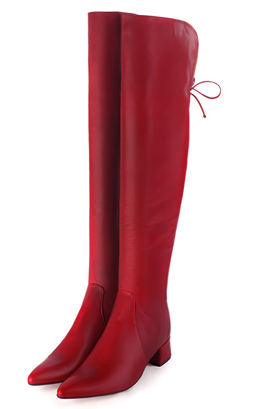 Cardinal red women's leather thigh-high boots. Tapered toe. Low flare heels. Made to measure. Front view - Florence KOOIJMAN